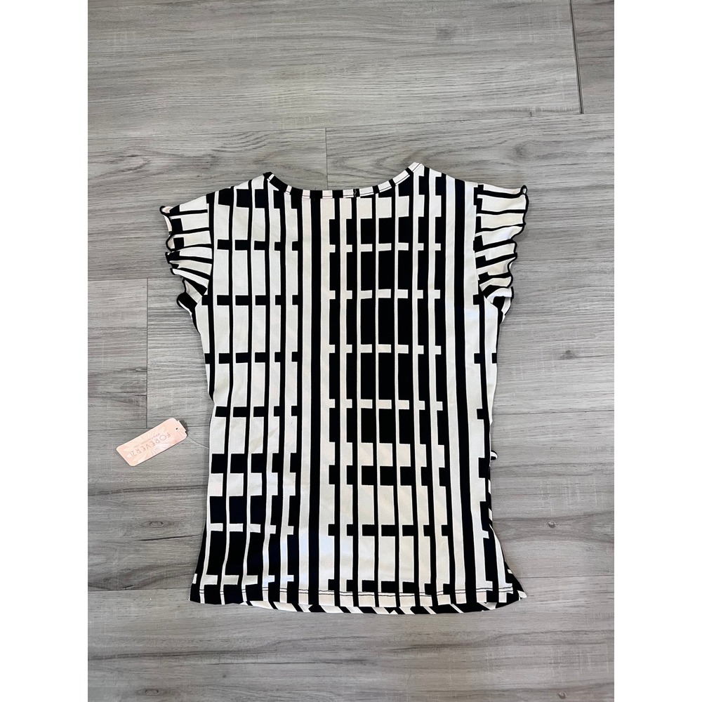Vintage Forever 21 Y2K Geometric Wrap Top Ruffle Sleeve Black Cream Small NWT - Picture 10 of 14